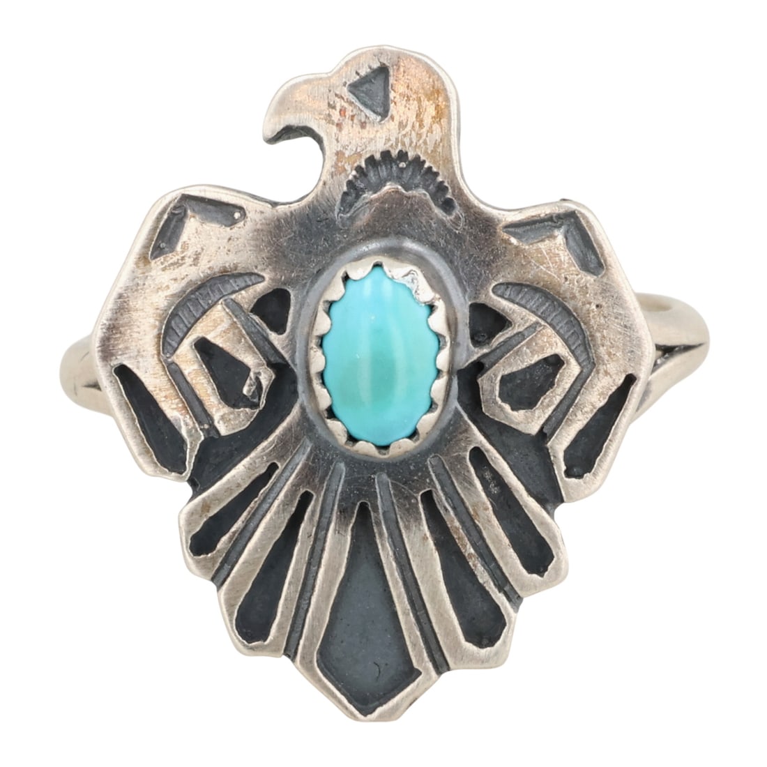 Robert Martinez Navajo Sterling Kingman Turquoise Thunderbird Ring Sz 10: Robert Martinez Navajo for Running Bear Shop Sterling Kingman Turquoise Thunderbird Ring Sz 10 / 6g / Unsigned by artist. Artist attribution based on accompanying tag.