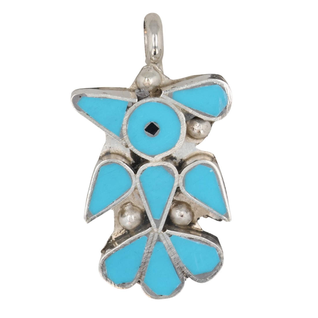 Pino Yunie Zuni Sterling Turquoise Thunderbird Pendant: Pino Yunie Zuni Sterling Turquoise Thunderbird Pendant / 3.5g / Unsigned. Artist attribution based on accompanying tag.