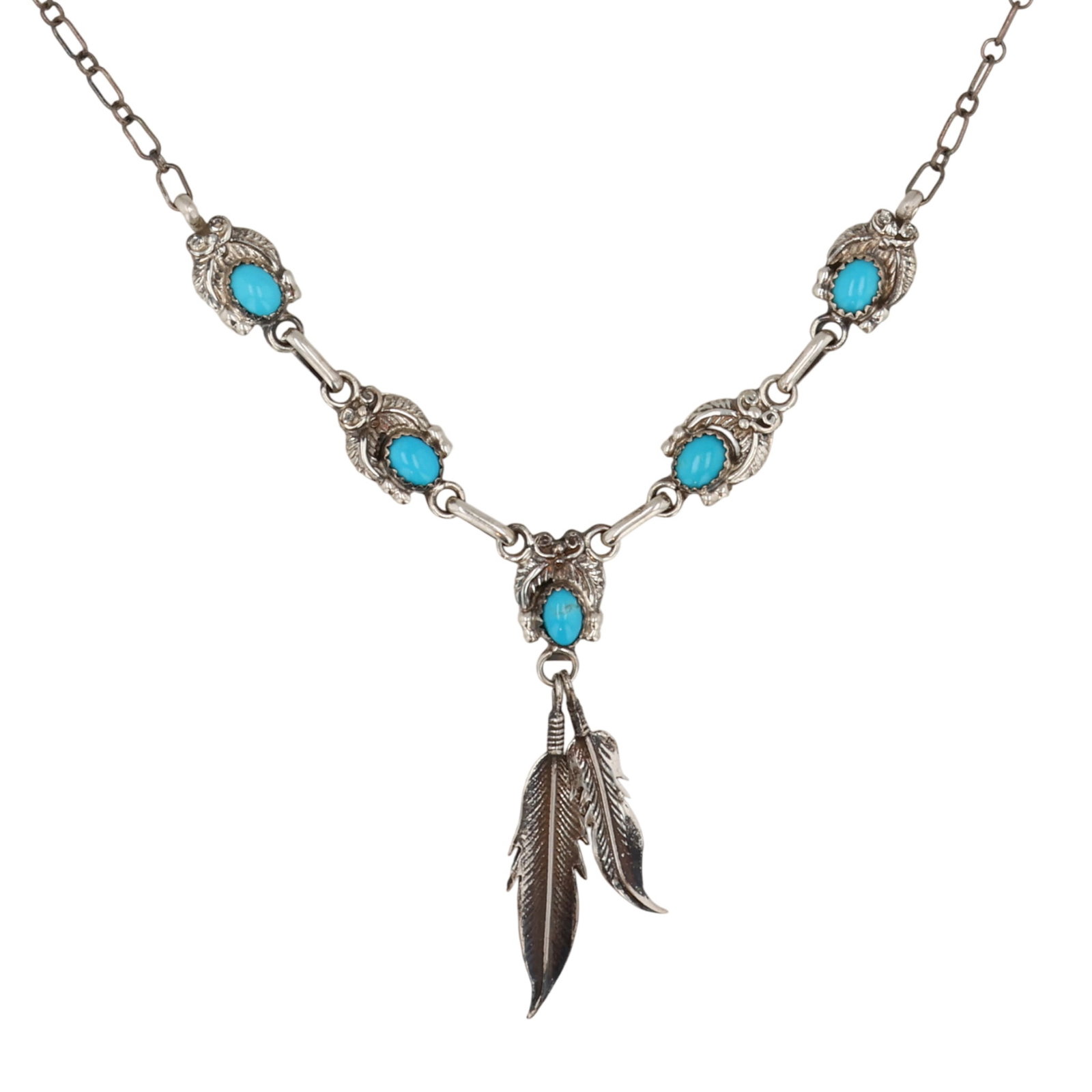 Verley Betone Navajo Sterling Kingman Turquoise Feather Necklace: Verley Betone for Running Bear Navajo Sterling Kingman Turquoise Feather Necklace / 15g / Unsigned by artist. Artist attribution based on accompanying tag.