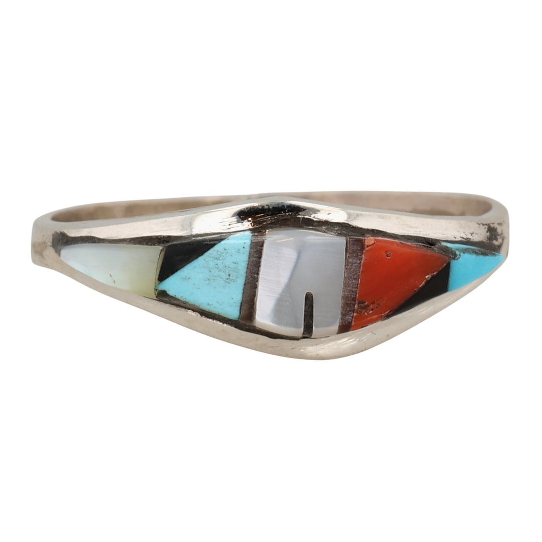 Zuni Sterling Multi-Stone Inlay Ring Sz 7.5: Zuni Sterling Multi-Stone Inlay Ring Sz 7.5 / 1.5g / Turquoise, Coral, Mother of Pearl, Onyx