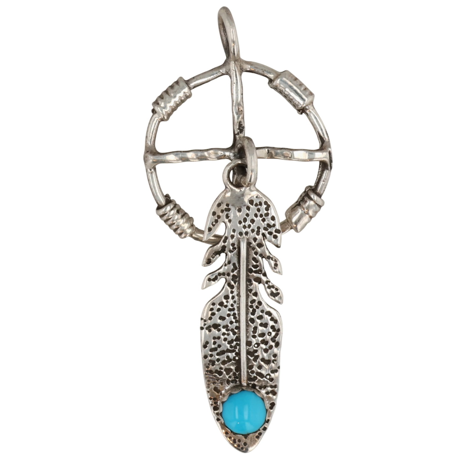 Kenny Lonjose Navajo Sterling Kingman Turquoise Feather Pendant: Kenny Lonjose Navajo Sterling Kingman Turquoise Feather Pendant / 2g / Unsigned. Artist attribution based on accompanying tag. Unable to confirm attribution.