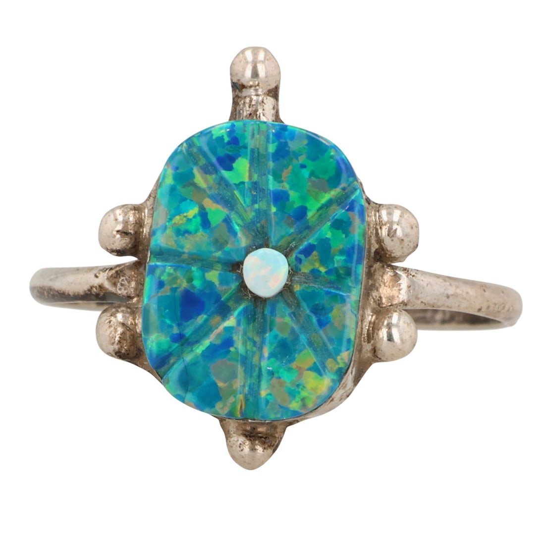 Sarah Bowannie Zuni Sterling Opal Turtle Ring Sz 7.25: Sarah Bowannie Zuni Sterling Opal Turtle Ring Sz 7.25 / 1g / Unsigned. Artist attribution based on accompanying tag.