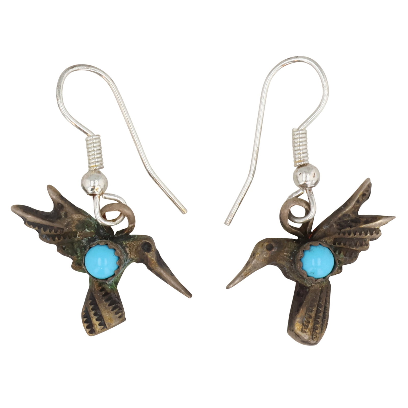 Tonya Yazzie Navajo Sterling Kingman Turquoise Hummingbird Earrings: Tonya Yazzie Navajo Sterling Block Kingman Turquoise Hummingbird Earrings / 4.5g