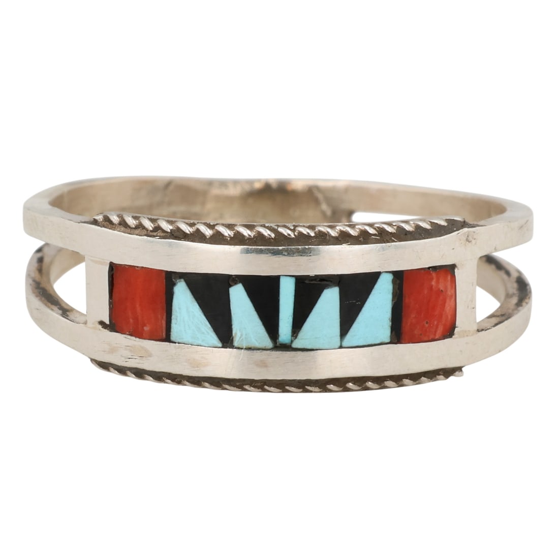 Rhianna Kallestewa Zuni Sterling Multi-Stone Inlay Ring Sz 10.5: Rhianna Kallestewa Zuni Sterling Multi-Stone Inlay Ring Sz 10.5 / 3g / Coral, Turquoise, Onyx / Scratches, chips in inlay, see photos, as is / Unsigned. Artist attribution based on accompanying tag.