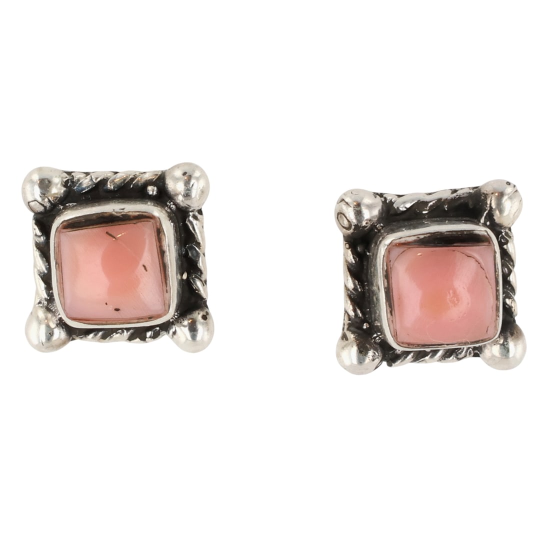 Sheena Jack Navajo Sterling Pink Conch Earrings: Sheena Jack Navajo Sterling Pink Conch Earrings / 2g / Imperfections, scratches on stones, see photos / Unsigned. Artist attribution based on accompanying tag.