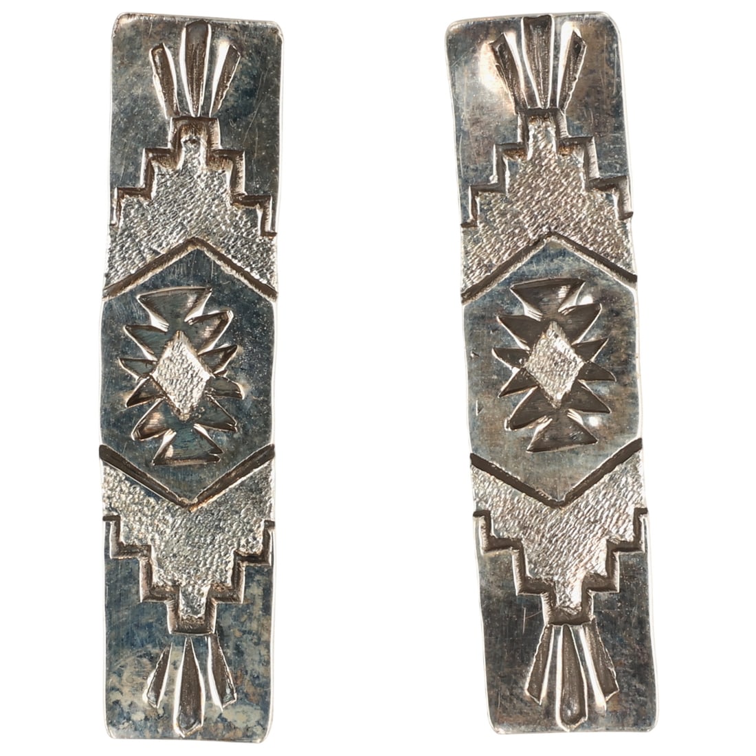 Florence Tahe Navajo Sterling Stamped Bar Earrings: Florence Tahe Navajo Sterling Stamped Bar Earrings / 1g / Unsigned. Artist attribution based on accompanying tag.
