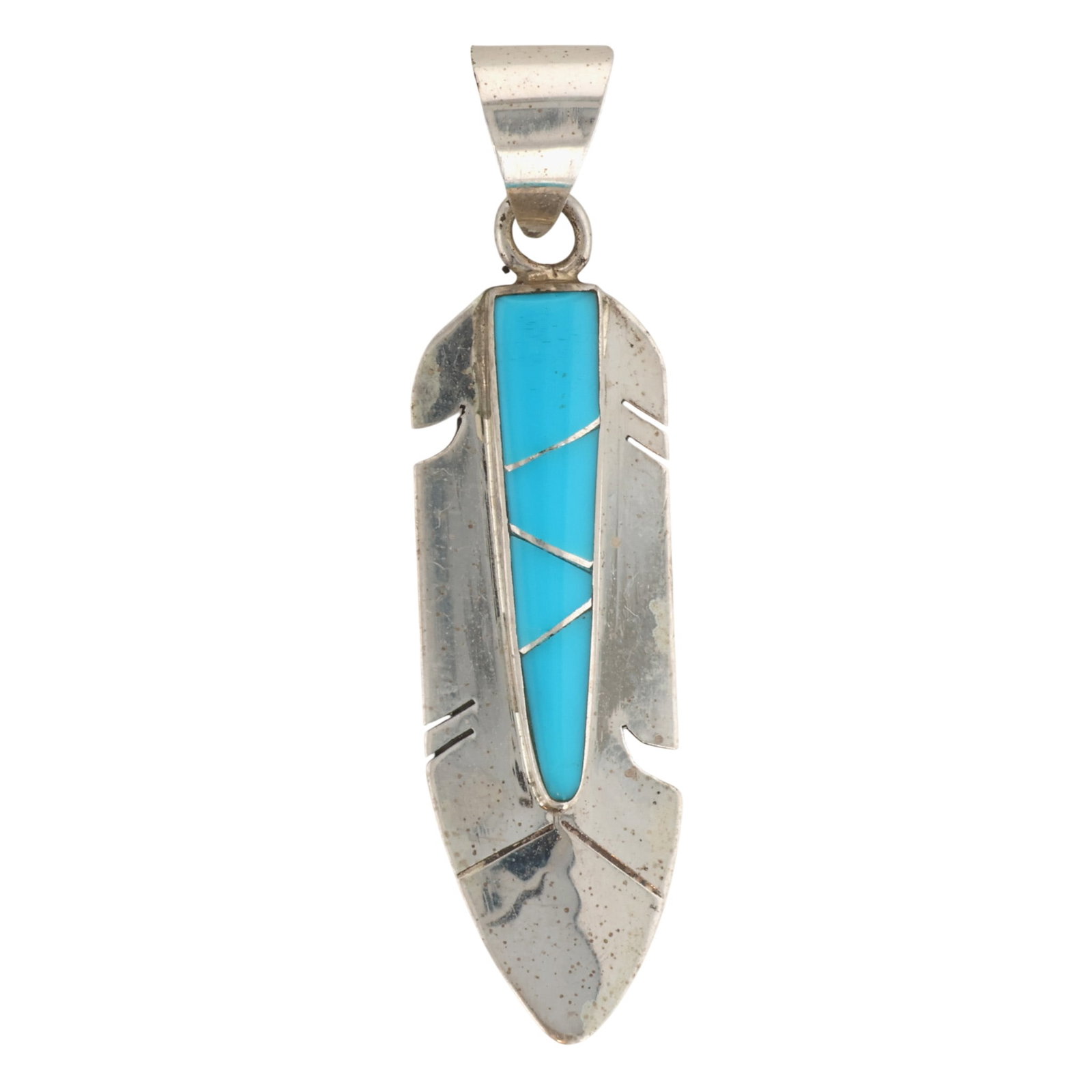 Mary Yazzie Navajo Sterling Kingman Turquoise Feather Pendant: Mary Yazzie Navajo Sterling Kingman Turquoise Feather Pendant / 3g / Unsigned. Artist attribution based on accompanying tag.