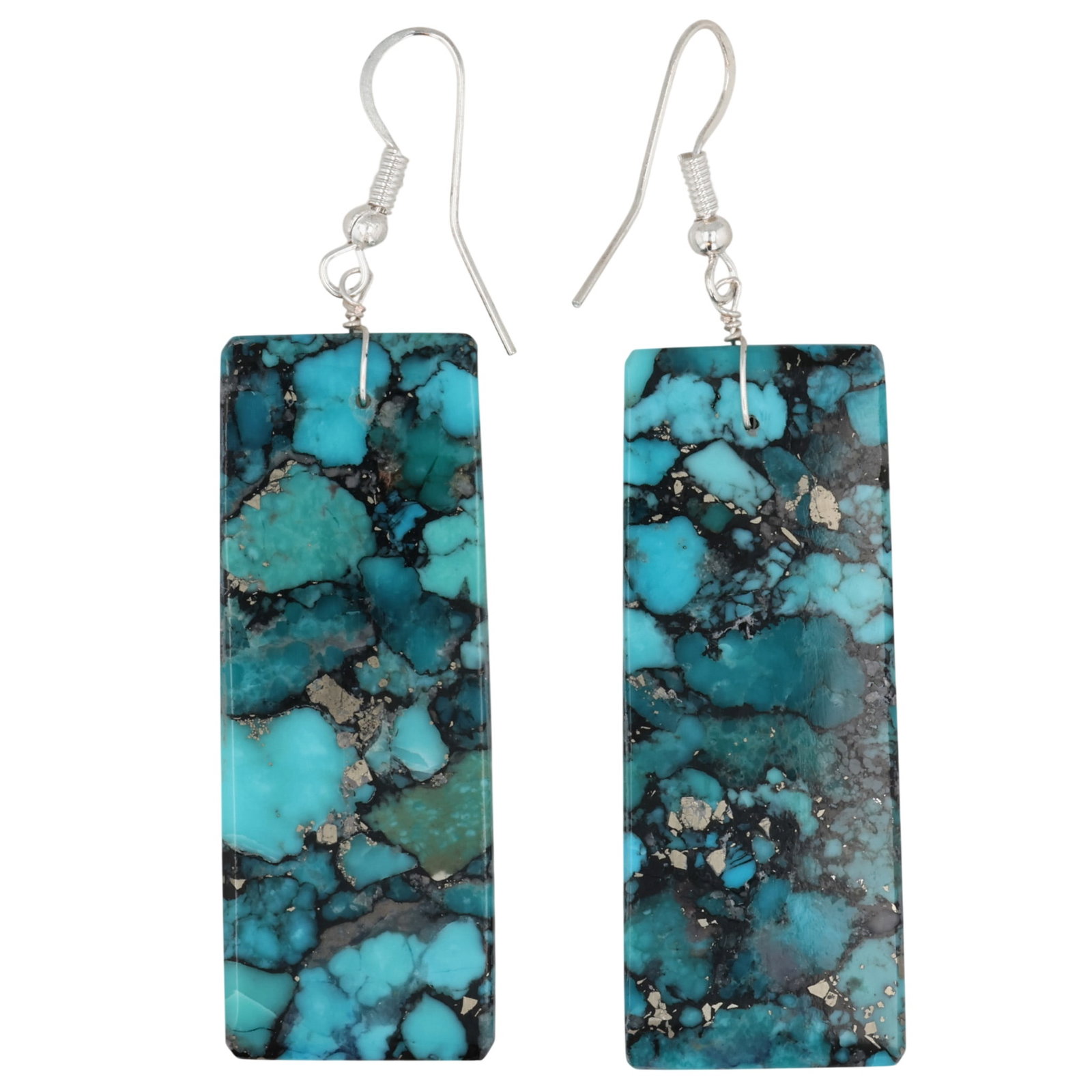 Jameson Pete Navajo Sterling Turquoise Slab Earrings: Jameson Pete Navajo Sterling Compressed Turquoise Slab Earrings / 14g / Unsigned. Artist attribution based on accompanying tag.