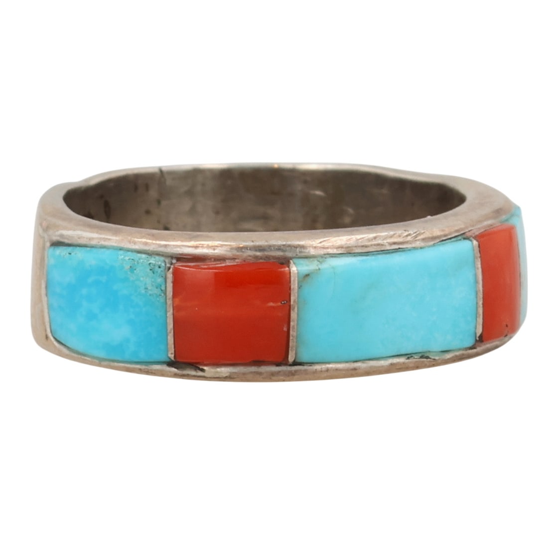 Victor Thompson Navajo Sterling Turquoise Coral Inlay Ring Sz 6.25: Victor Thompson Navajo/SW Sterling Turquoise Coral Inlay Ring Sz 6.25 / 5g / Unsigned. Artist attribution based on accompanying tag. Unable to verify.