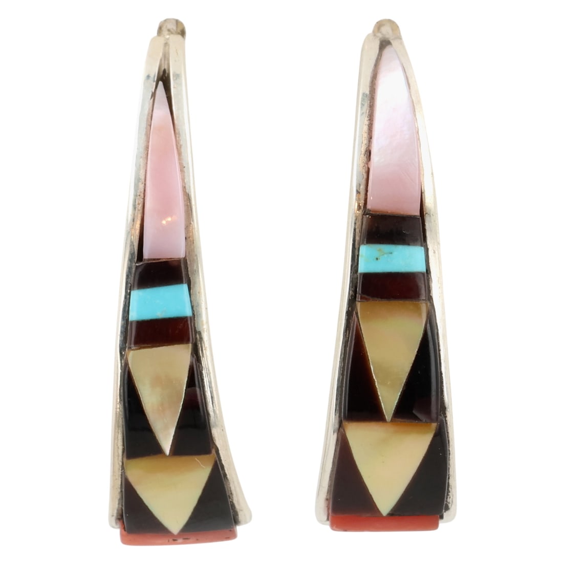 Tammie Qualo Zuni Sterling Multi-Stone Inlay Earrings: Tammie Qualo Zuni Sterling Multi-Stone Inlay Earrings / 3.5g / Mother of Pearl, Turquoise, Onyx, Coral