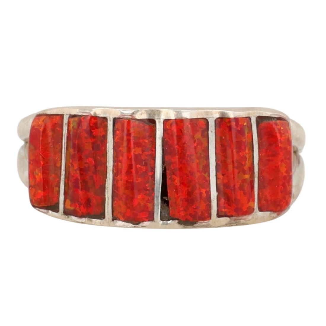 Juanita Tucson Zuni Sterling Opal Ring Sz 6.75: Juanita Tucson Zuni Sterling Opal Ring Sz 6.75 / 2g / Inlay is not flush with the bezel in front right setting. See photos. / Unsigned. Artist attribution based on accompanying tag.