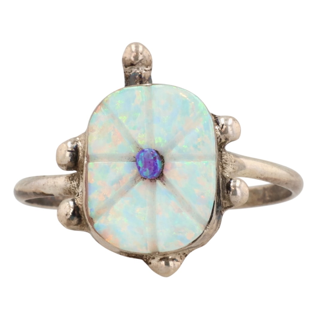 Sarah Bowannie Zuni Sterling Opal Turtle Ring Sz 7.25: Sarah Bowannie Zuni Sterling Opal Turtle Ring Sz 7.25 / 3g / Unsigned. Artist attribution based on accompanying tag.