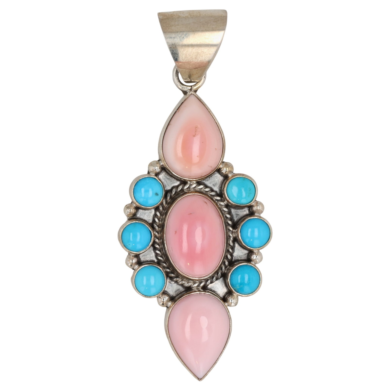 Southwest Sterling Turquoise Pink Conch Pendant: Southwest Sterling Turquoise Pink Conch Pendant / 13.5g