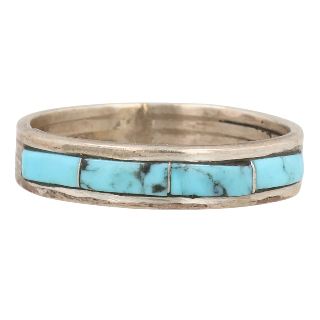 Debbie Livingston Navajo Sterling Kingman Turquoise Inlay Ring Sz 7.5: Debbie Livingston Navajo Sterling Kingman Turquoise Inlay Ring Sz 7.5 / 2g / Unsigned. Artist attribution based on accompanying tag.