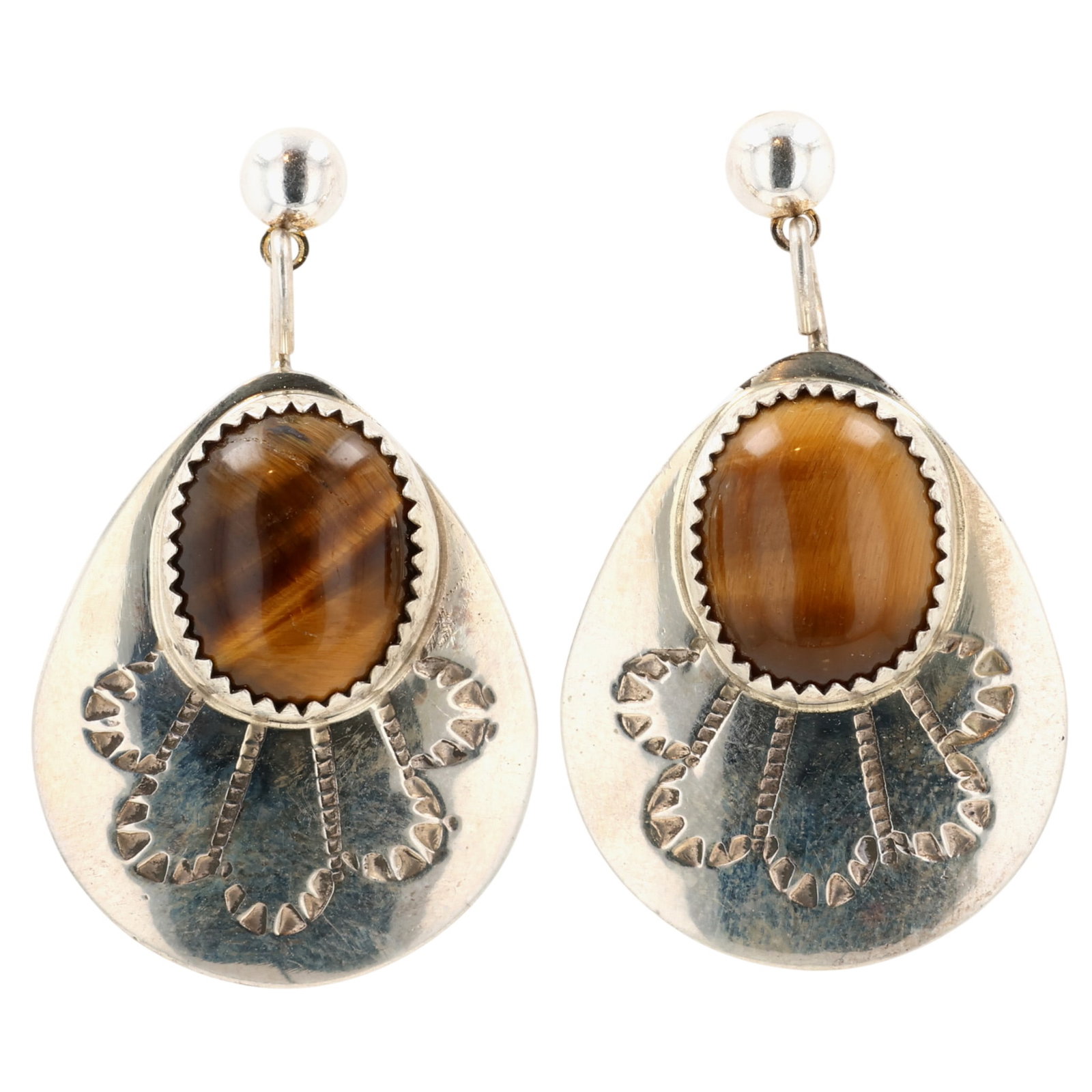 Brenda Pete Navajo Sterling Tiger's Eye Stamped Earrings (1 of 4)