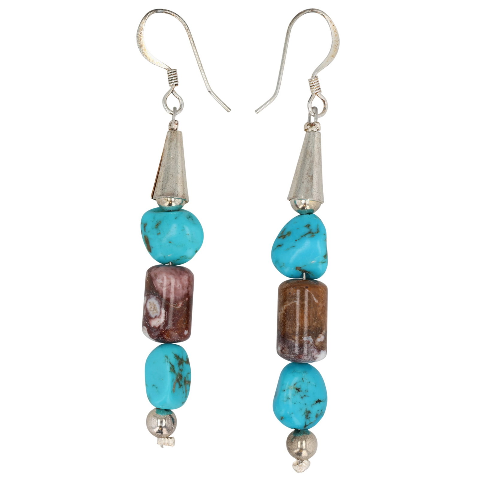 Betty Bitsie Navajo Sterling Multi-Stone Dangle Earrings: Betty Bitsie Navajo Sterling Multi-Stone Dangle Earrings / 9g / Wild Horse Magnesite, Turquoise / Unsigned. Artist attribution based on accompanying tag.