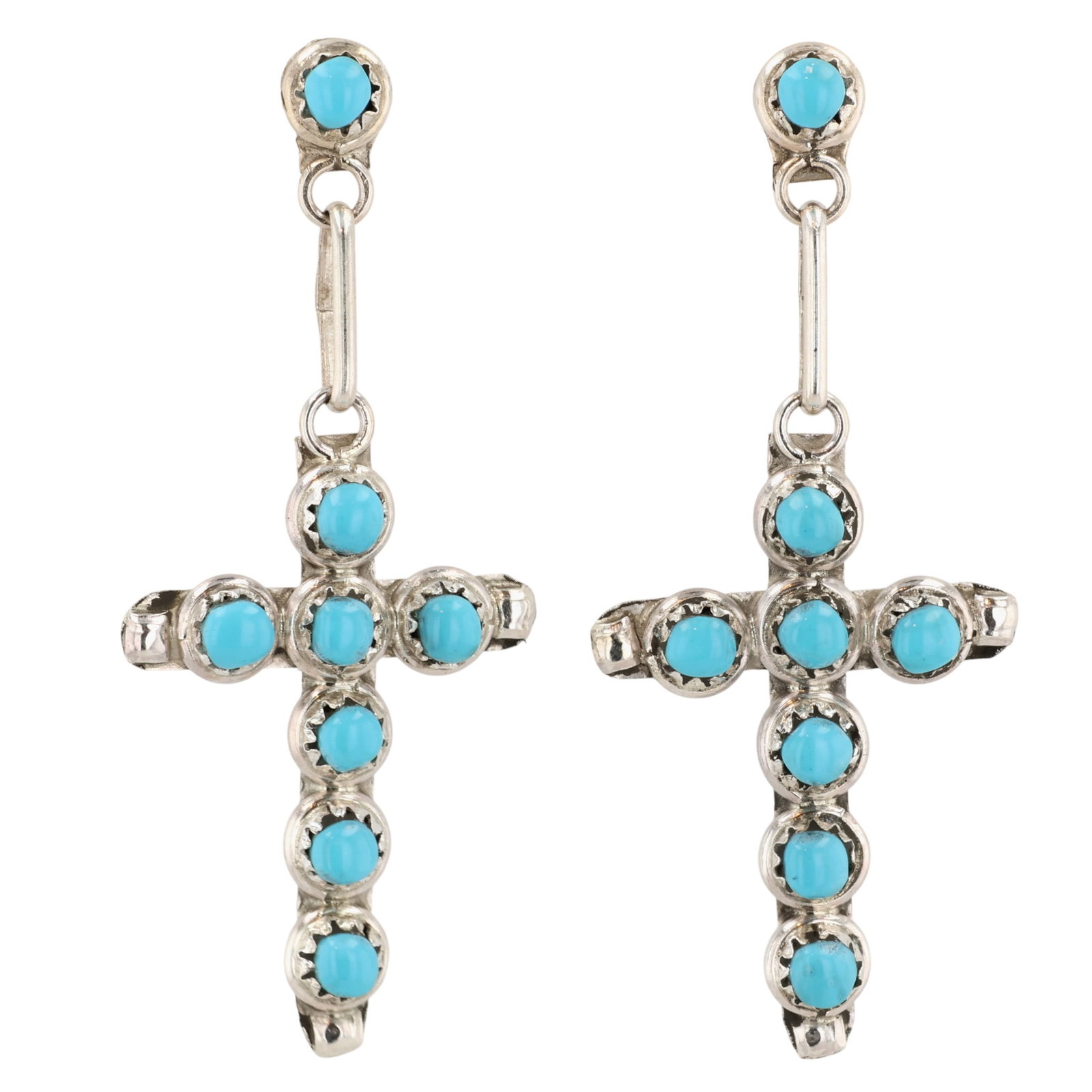 Davis Kaamasee Zuni Sterling Turquoise Snake Eye Cross Earrings: Davis Kaamasee Zuni Sterling Turquoise Snake Eye Cross Earrings / 7g