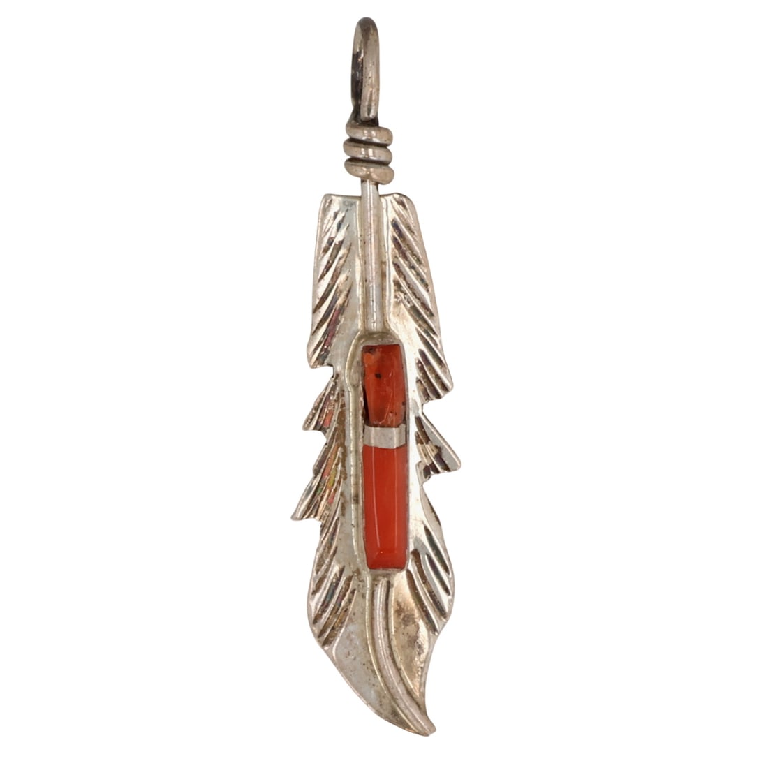 Allen Barney Navajo Sterling Coral Inlay Feather Pendant: Allen Barney Navajo Sterling Coral Inlay Feather Pendant / 1g / Imperfections in coral, see photos. As is.