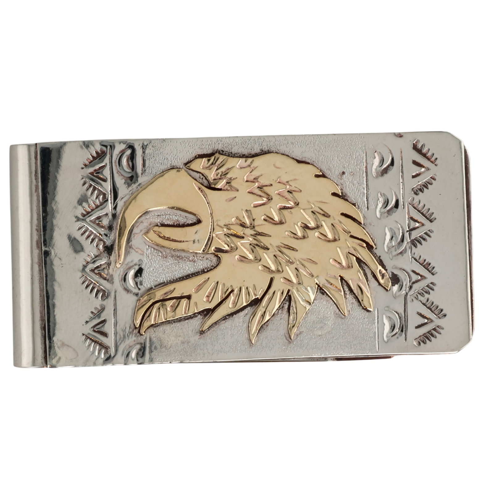 Genevieve Jones Navajo Sterling Eagle Money Clip: Genevieve Jones Navajo Sterling & Gold Fill Eagle Money Clip / 21g / Unsigned. Artist attribution based on accompanying tag. Unable to confirm.