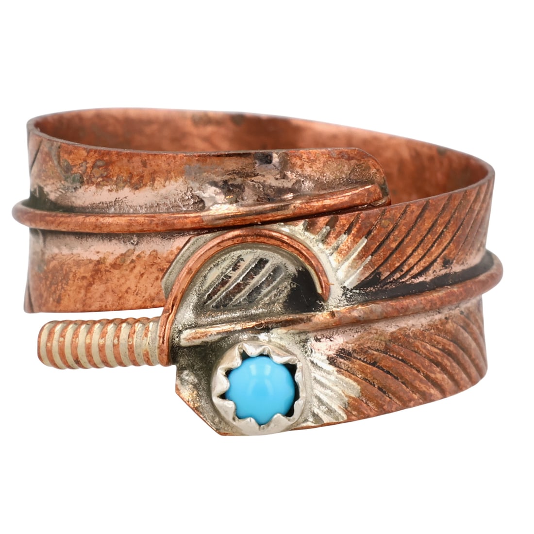 Aaron Davis Navajo Copper Kingman Turquoise Feather Adjustable Ring: Aaron Davis Navajo Copper Kingman Turquoise Feather Adjustable Ring Sz 8.25 / 2.5g