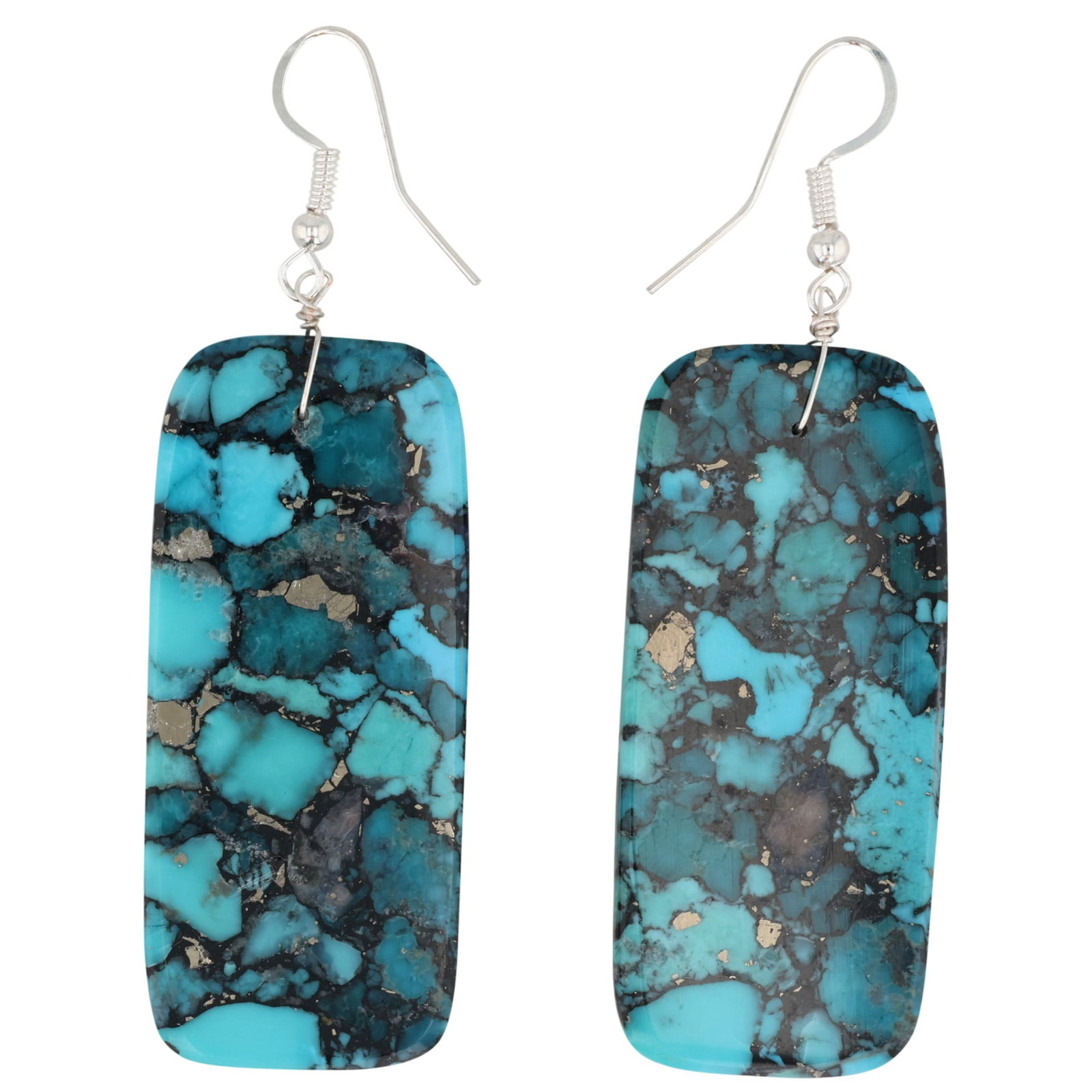 Jameson Pete Navajo Sterling Turquoise Slab Earrings: Jameson Pete Navajo Sterling Compressed Turquoise Slab Earrings / 17g / Unsigned. Artist attribution based on accompanying tag.