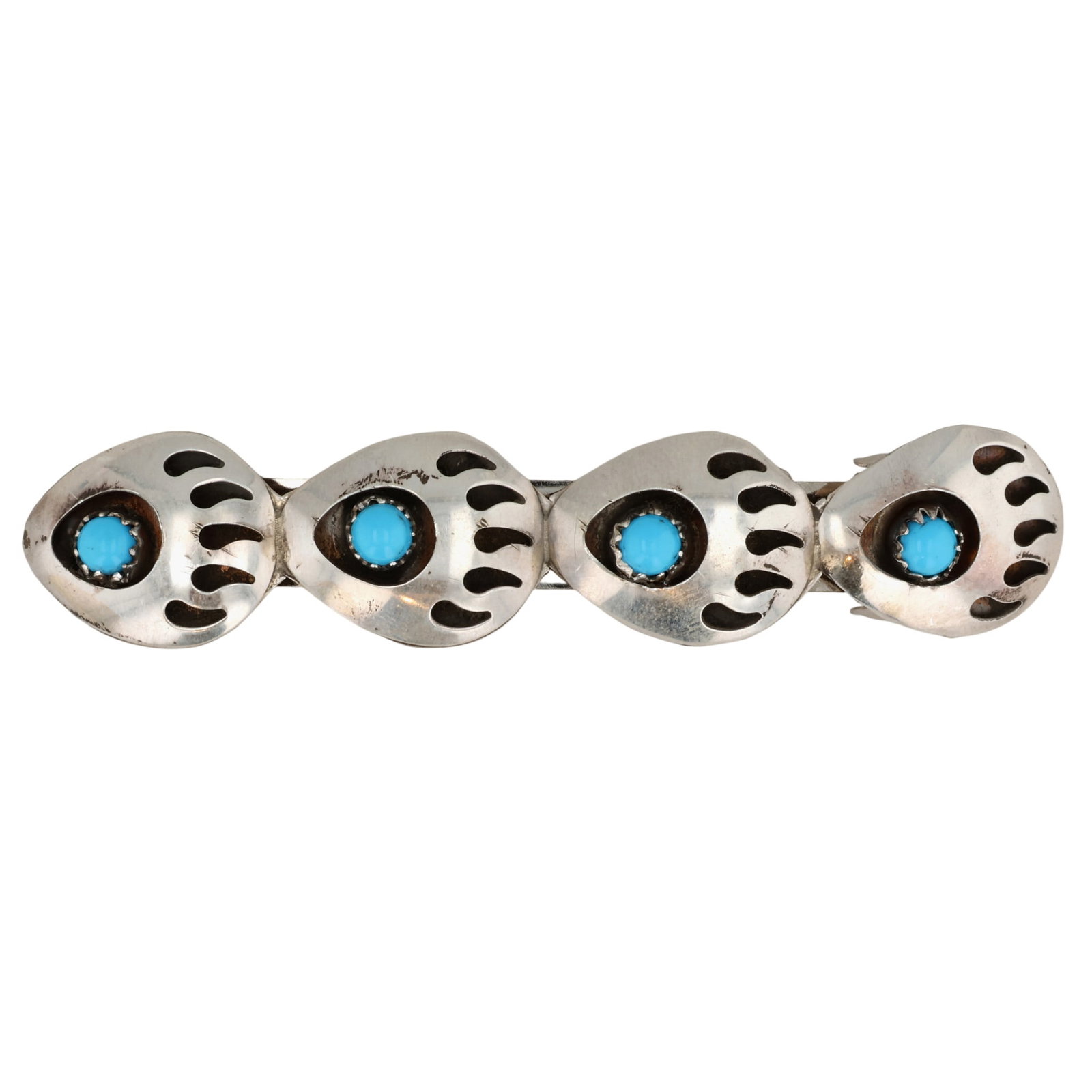 Ervin Begay Navajo Sterling Kingman Turquoise Bear Paw Hair Clip: Ervin Begay Navajo Sterling Kingman Turquoise Bear Paw Hair Clip / 5g / Unsigned. Artist attribution based on accompanying tag.