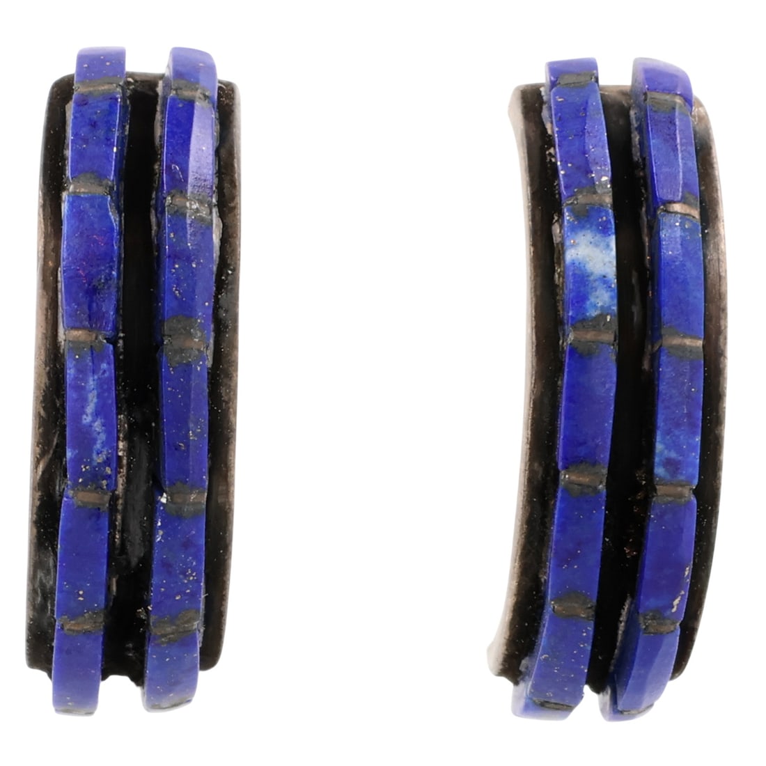 Signed Zuni Sterling Lapis Lazuli Inlay Curved Earrings: Signed SK Zuni Sterling Lapis Lazuli Inlay Curved Earrings / 3g
