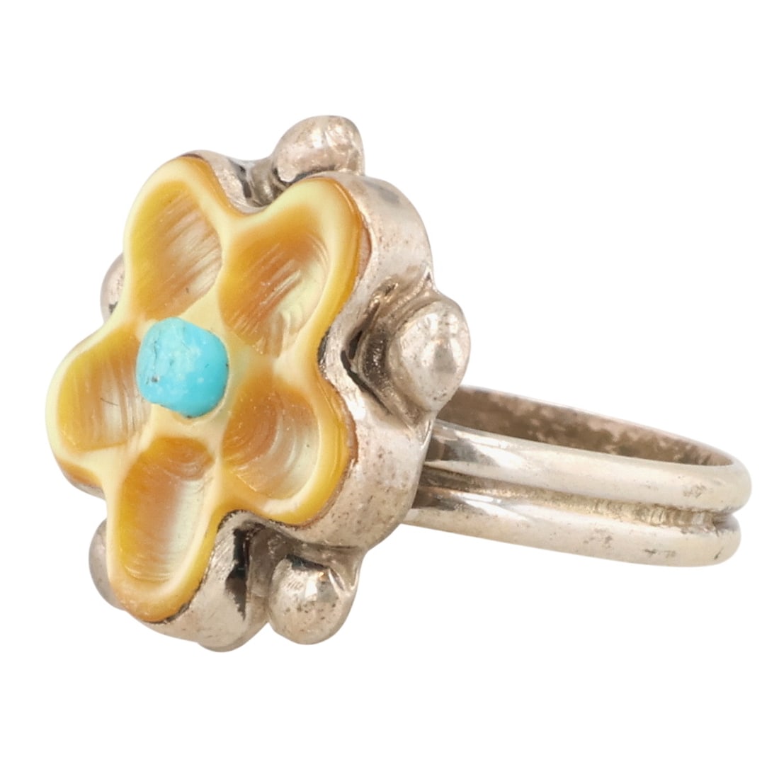 Floria Shebola Zuni Sterling Multi-Stone Flower Ring Sz 6.5: Floria Shebola Zuni Sterling Multi-Stone Flower Ring Sz 6.5 / 3g / Mother of Pearl, Turquoise / Unsigned. Artist attribution based on accompanying tag.