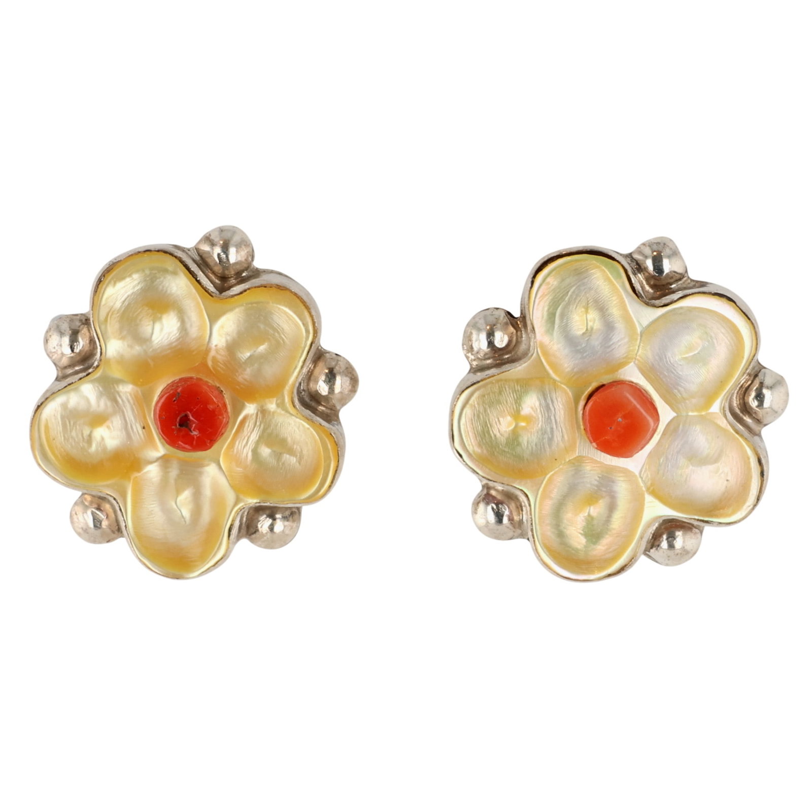 Floria Shebola Zuni Sterling Multi-Stone Flower Earrings: Floria Shebola Zuni Sterling Multi-Stone Flower Earrings / 4.5g / Unsigned. Artist attribution based on accompanying tag.