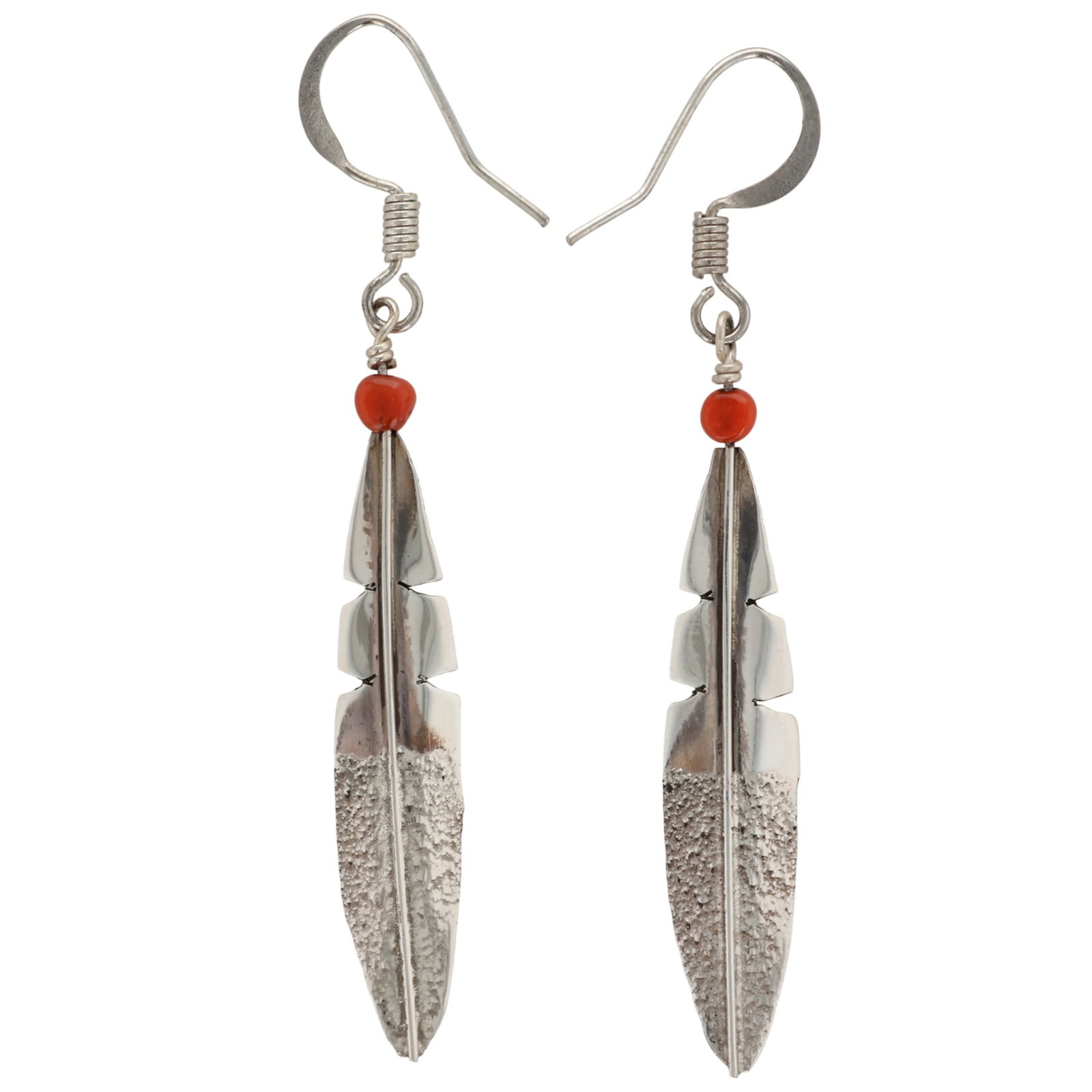 Linda Yazzie Navajo Sterling Coral Feather Earrings: Linda Yazzie Navajo Sterling Coral Feather Earrings / 1.5g / Unsigned. Artist attribution based on accompanying tag.