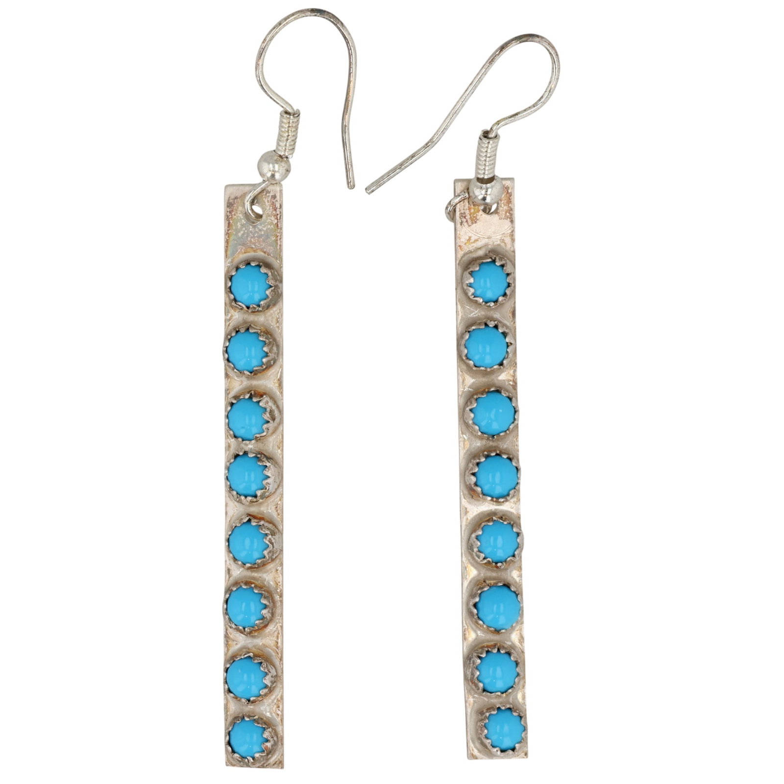 Rick Enriquez Navajo Sterling Kingman Turquoise Bar Earrings: Rick Enriquez Navajo Sterling Block Kingman Turquoise Bar Earrings / 6g / Unsigned. Artist attribution based on accompanying tag.