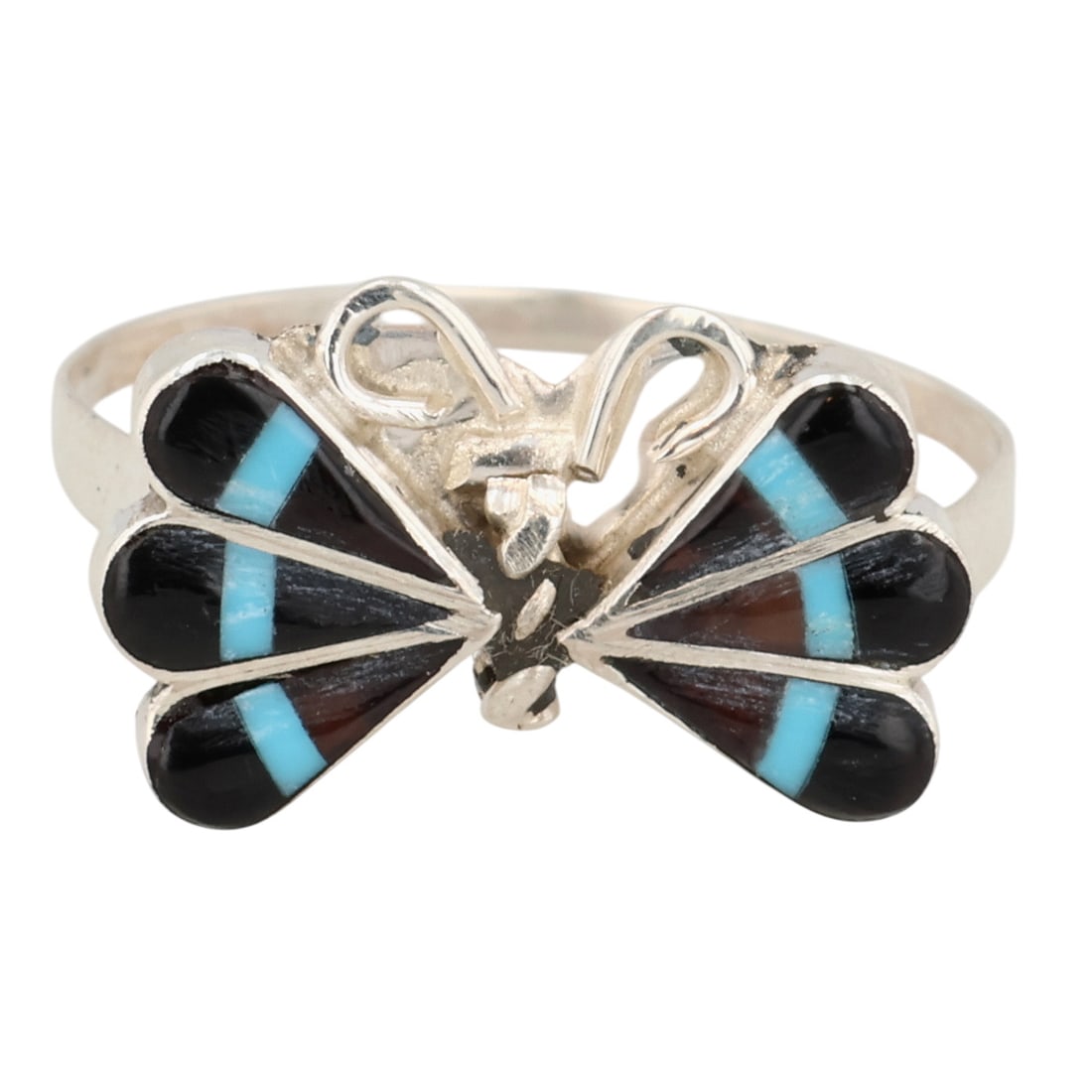 Ken Yatsattie Zuni Sterling Multi-Stone Inlay Butterfly Ring Sz 7: Ken Yatsattie Zuni Sterling Multi-Stone Inlay Butterfly Ring Sz 7 / 1g / Onyx, Turquoise, Shell / Unsigned. Artist attribution based on accompanying tag.