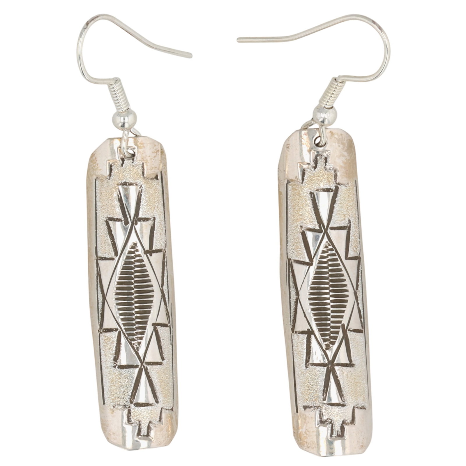 Florence Tahe Navajo Sterling Stamped Bar Earrings: Florence Tahe Navajo Sterling Stamped Bar Earrings / 4g / Unsigned. Artist attribution based on accompanying tag.
