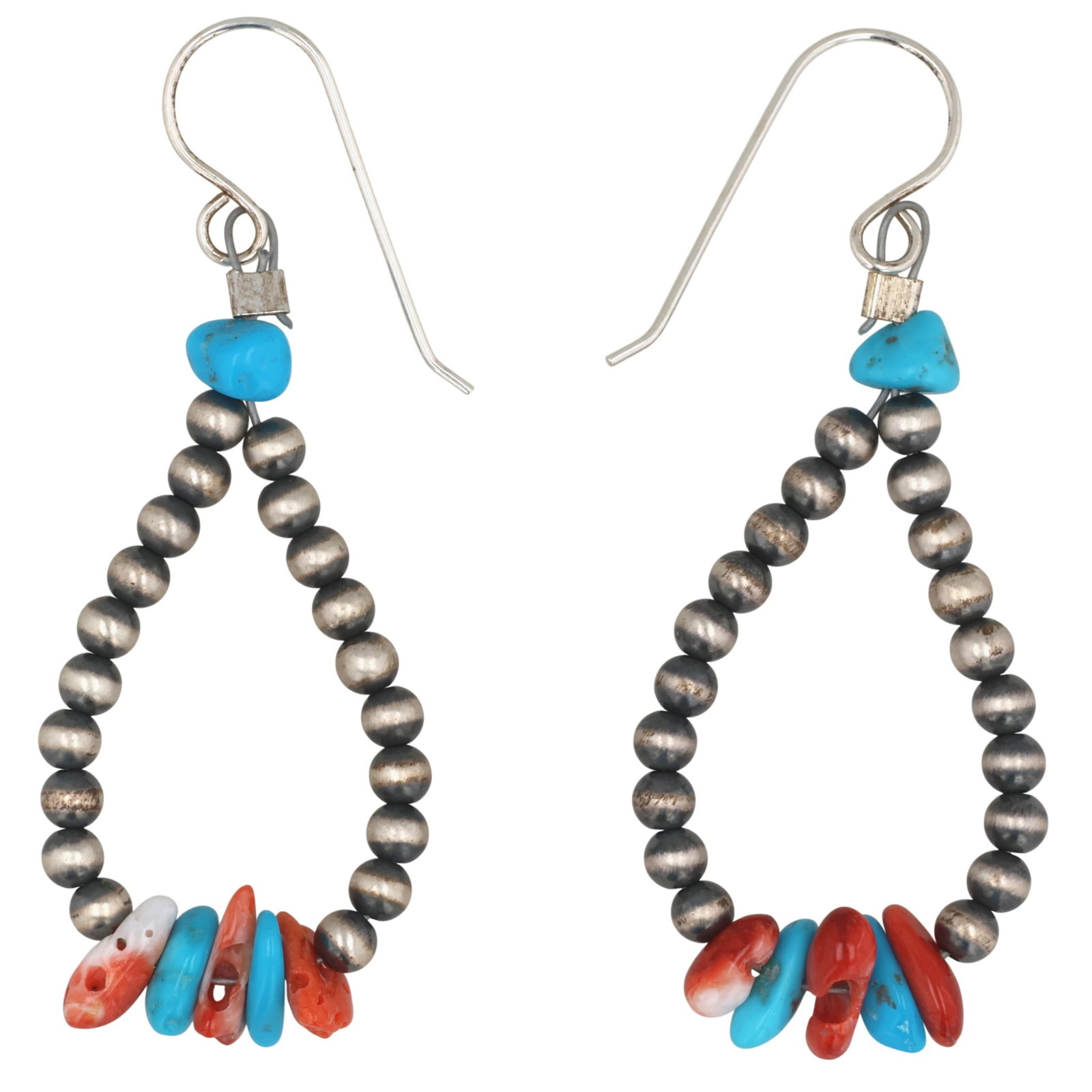 Mason Lee Navajo Sterling Multi-Stone Oxidized Bead Earrings: Mason Lee Navajo Sterling Multi-Stone Oxidized Bead Earrings / 3g / Turquoise, Spiny Oyster, Coral / Unsigned. Artist attribution based on accompanying tag.