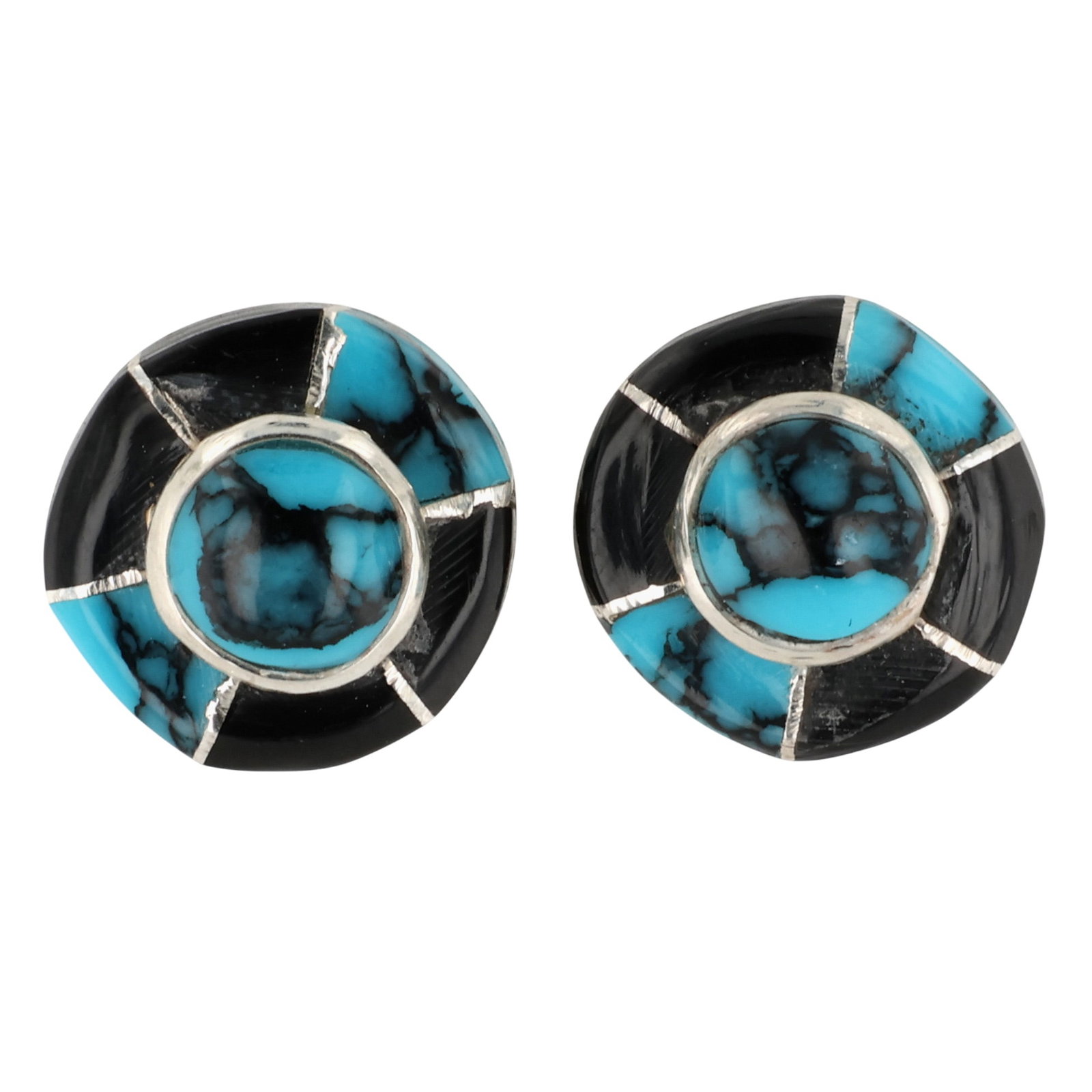 Fred Manuelito Navajo Sterling Multi-Stone Inlay Earrings: Valerie Benally & Fred Manuelito Navajo Sterling Multi-Stone Inlay Earrings / 2g / Block Turquoise, Onyx