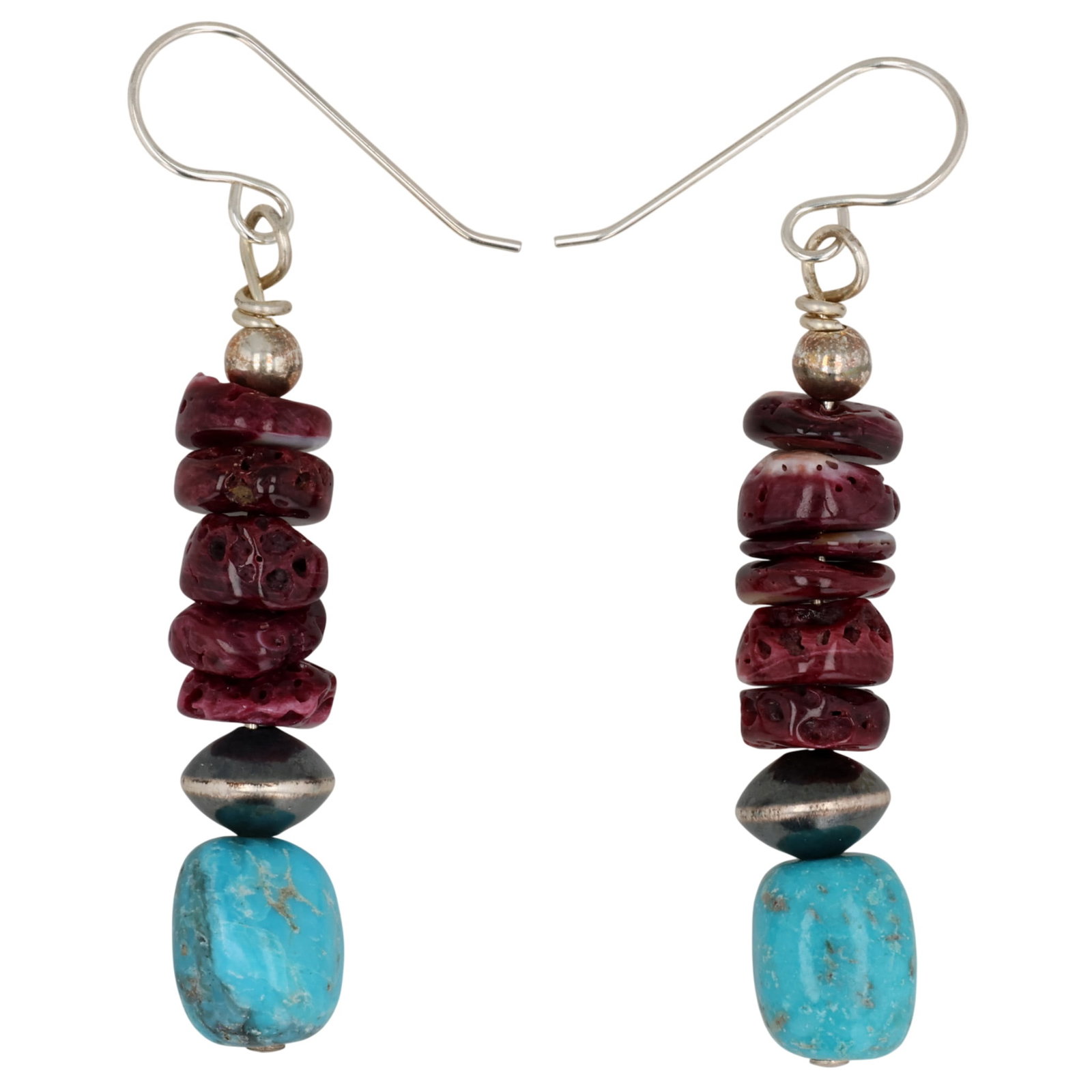 Betty Bitsie Navajo Sterling Multi-Stone Earrings: Betty Bitsie Navajo Sterling Multi-Stone Earrings / 6.5g / Purple Spiny Oyster, Turquoise / Unsigned. Artist attribution based on accompanying tag.