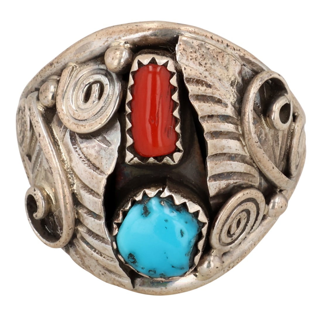 Lorena Brown Navajo Sterling Coral Turquoise Ring Sz 11: Lorena Brown Navajo Sterling Coral Turquoise Ring Sz 11 / 8g