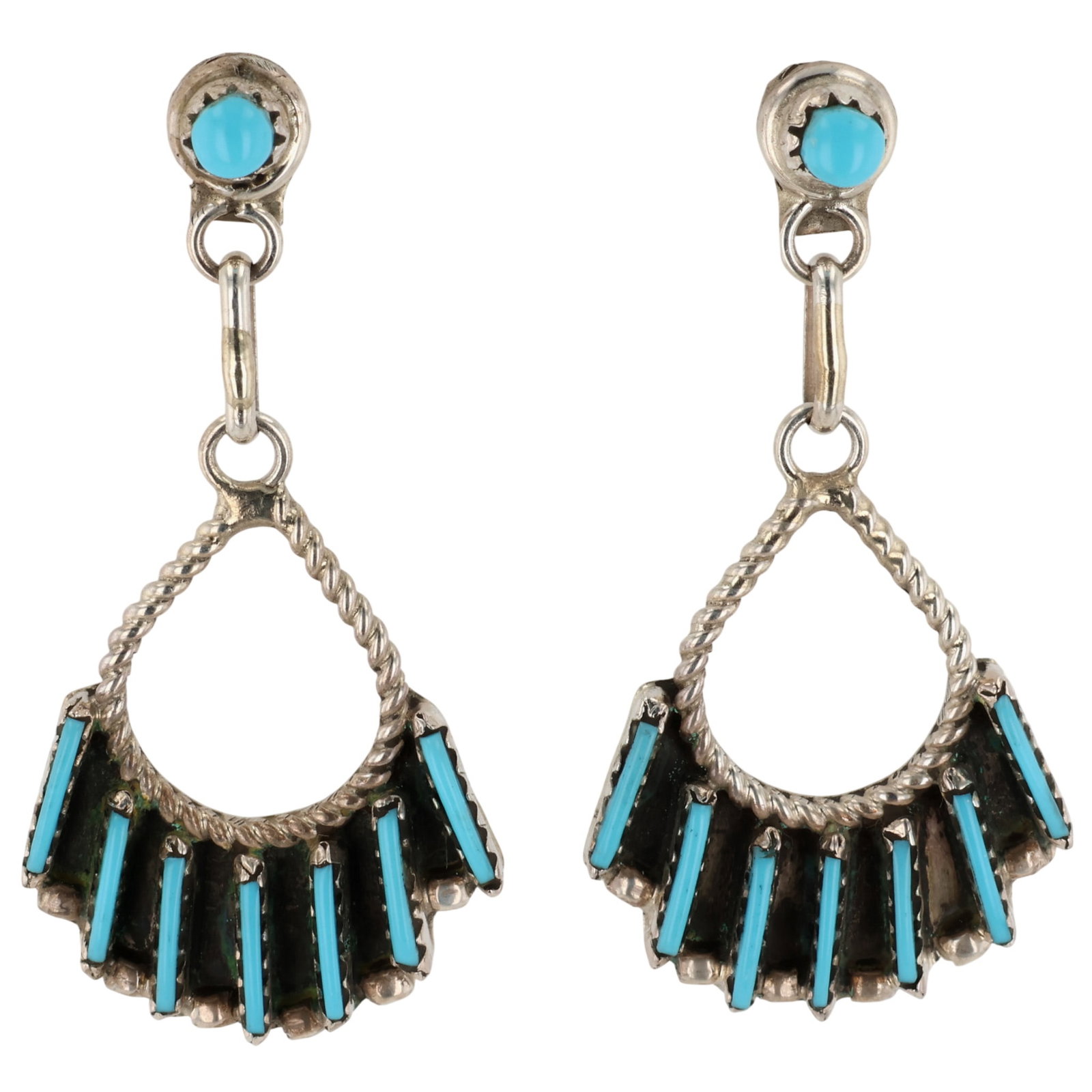 Davis Kaamasee Zuni Sterling Kingman Turquoise Needlepoint Earrings: Davis Kaamasee Zuni Sterling Block Kingman Turquoise Needlepoint Earrings / 6g