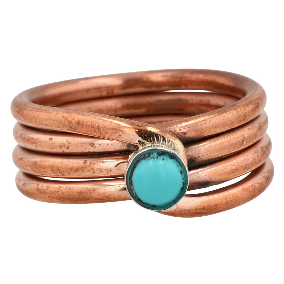 Yolanda Skeets Navajo Copper Turquoise Coil Ring Sz 8.25: Yolanda Skeets Navajo Copper Turquoise Coil Ring Sz 8.25 / 8g / Unsigned. Artist attribution based on accompanying tag.