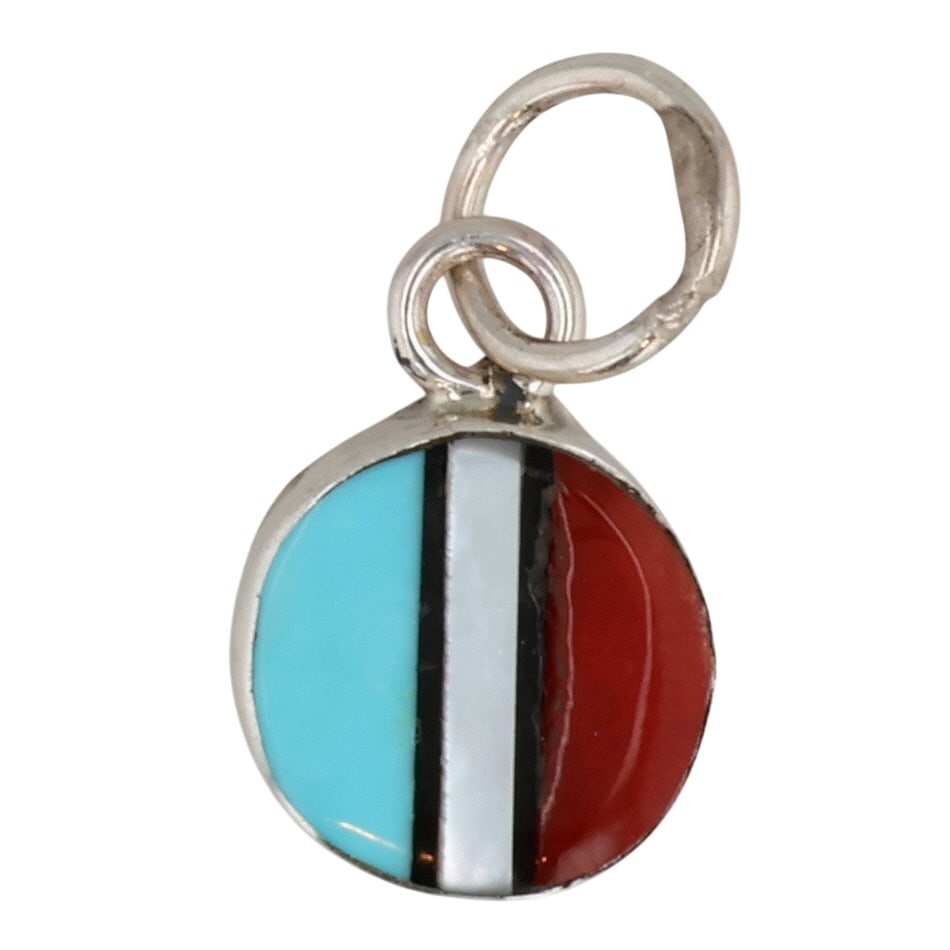 James Cheama Zuni Sterling Multi-Stone Inlay Pendant: James Cheama Zuni Sterling Multi-Stone Inlay Pendant / .8g / Block Turquoise, Coral, Mother of Pearl, Onyx / Unsigned. Artist attribution based on accompanying tag.