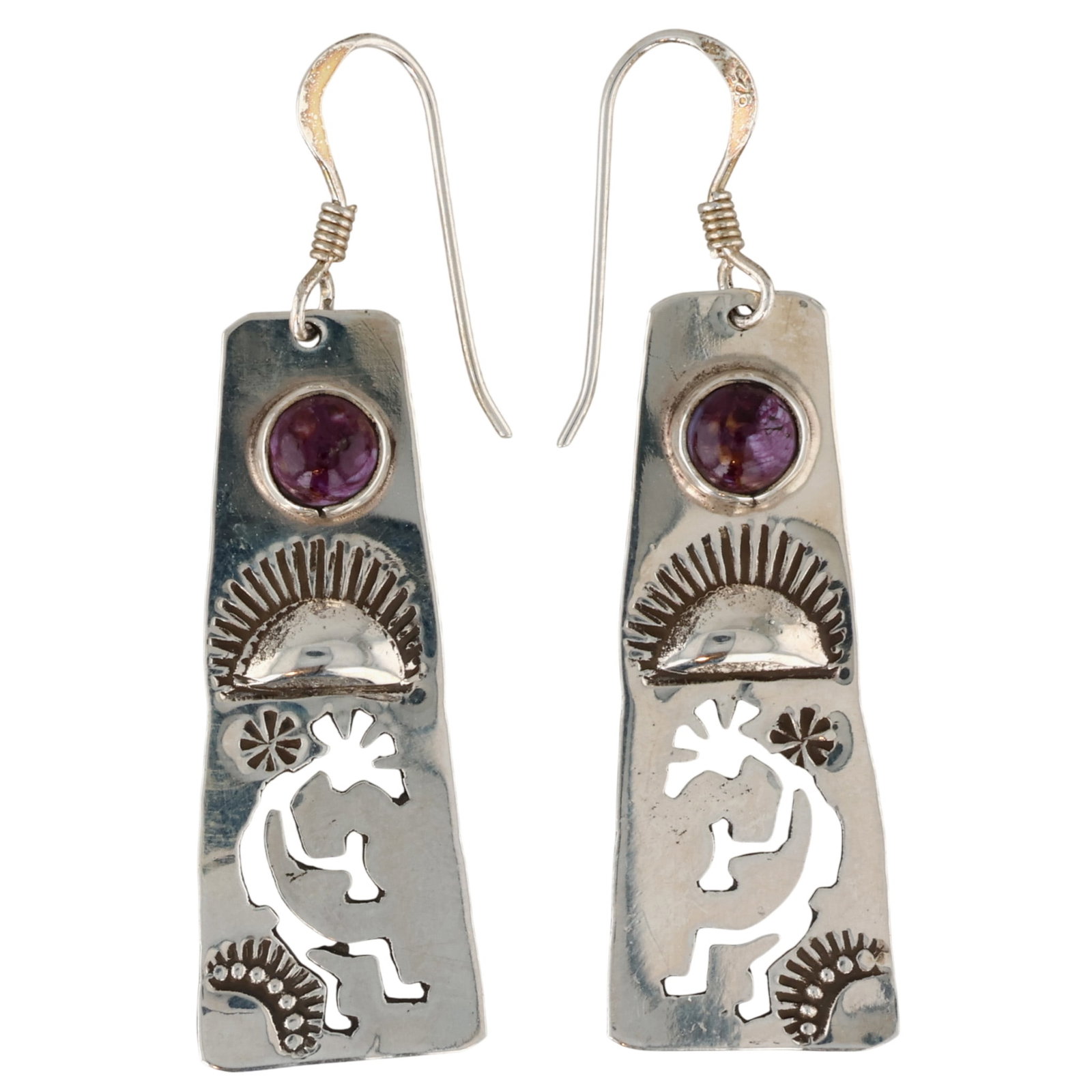 Jeff James Jr. Navajo Sterling Purple Spiny Oyster Kokopelli Earrings: Jeff James Jr. Navajo Sterling Purple Spiny Oyster Kokopelli Earrings / 3g