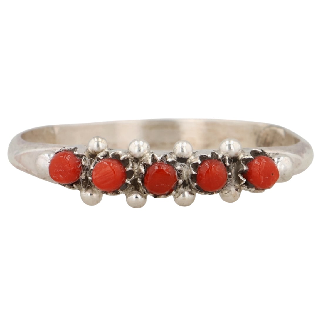 April Haloo Zuni Sterling Coral Snake Eye Ring Sz 8.25: April Haloo Zuni Sterling Coral Snake Eye Ring Sz 8.25 / 1.5g / Unsigned. Artist attribution based on accompanying tag.