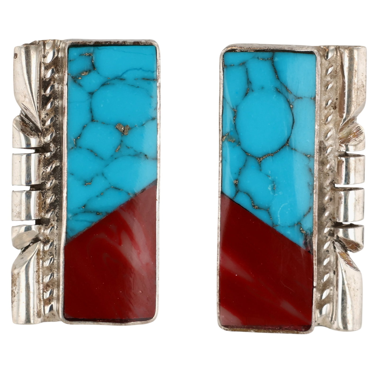 AJ Gilmore Navajo Sterling Multi-Stone Inlay Earrings: AJ Gilmore Navajo Sterling Multi-Stone Inlay Earrings / 3g / Turquoise, Agate