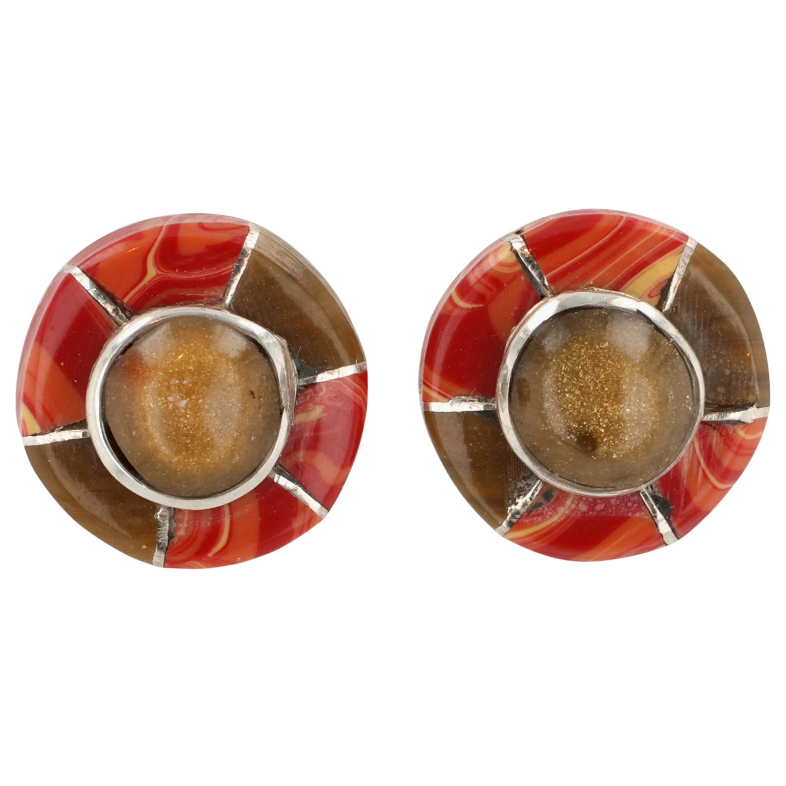 Valerie Benally Navajo Sterling Multi-Stone Inlay Earrings: Valerie Benally & Fred Manuelito Navajo Sterling Multi-Stone Inlay Earrings / 2g / Tiger's Eye, Synthetic Spiny Oyster