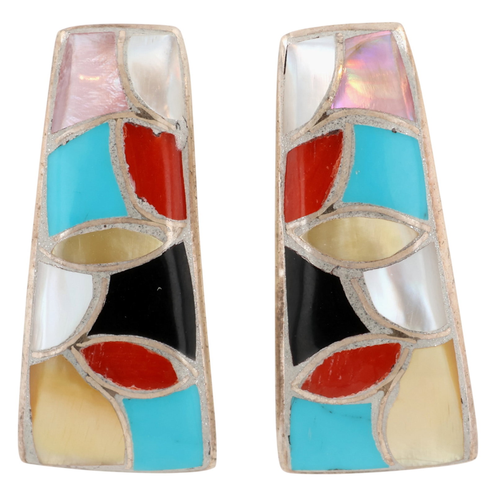 Danny Seoutewa Zuni Sterling Multi-Stone Fish Scale Inlay Earrings: Danny Seoutewa Zuni Sterling Multi-Stone Fish Scale Inlay Earrings / 4g / Mother of Pearl, Onyx, Coral, Turquoise / Unsigned. Artist attribution based on accompanying tag.