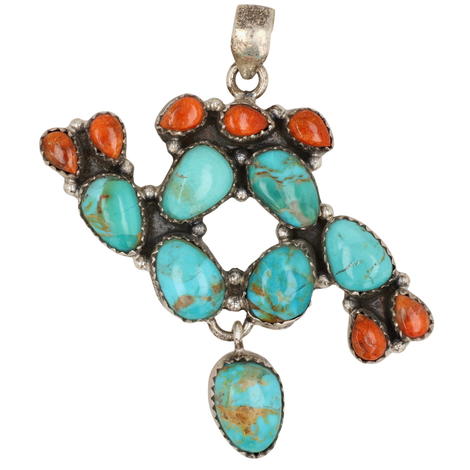 HaDa Collection Sterling Multi-Stone Cactus Pendant: HaDa Collection Sterling Multi-Stone Cactus Pendant / 16.5g / Apple Coral, Compressed Turquoise