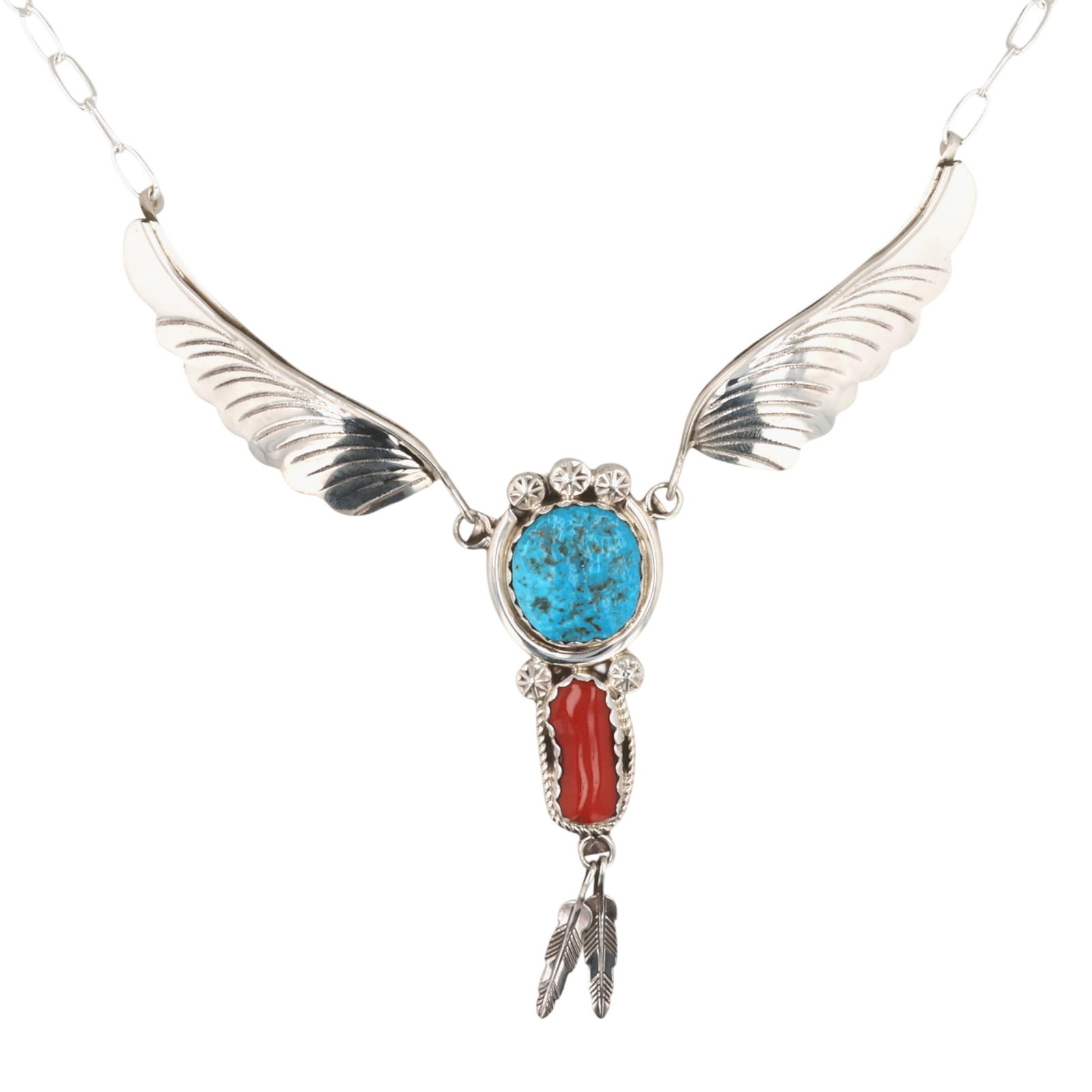 Margie Chee Navajo Sterling Coral Turquoise Feather Necklace (1 of 6)
