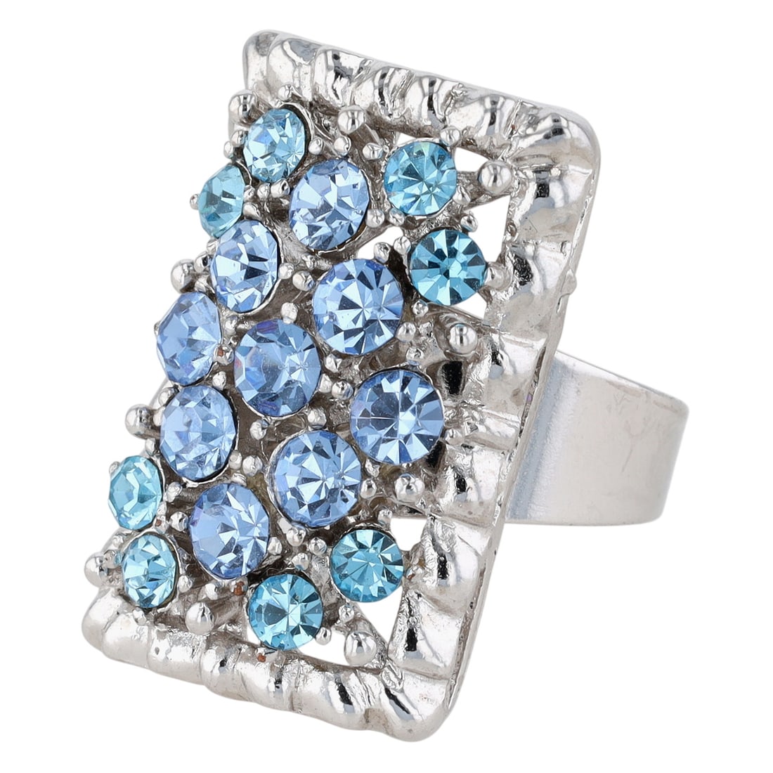 Silver Tone Blue Rhinestone Cluster Statement Adjustable Ring - 2