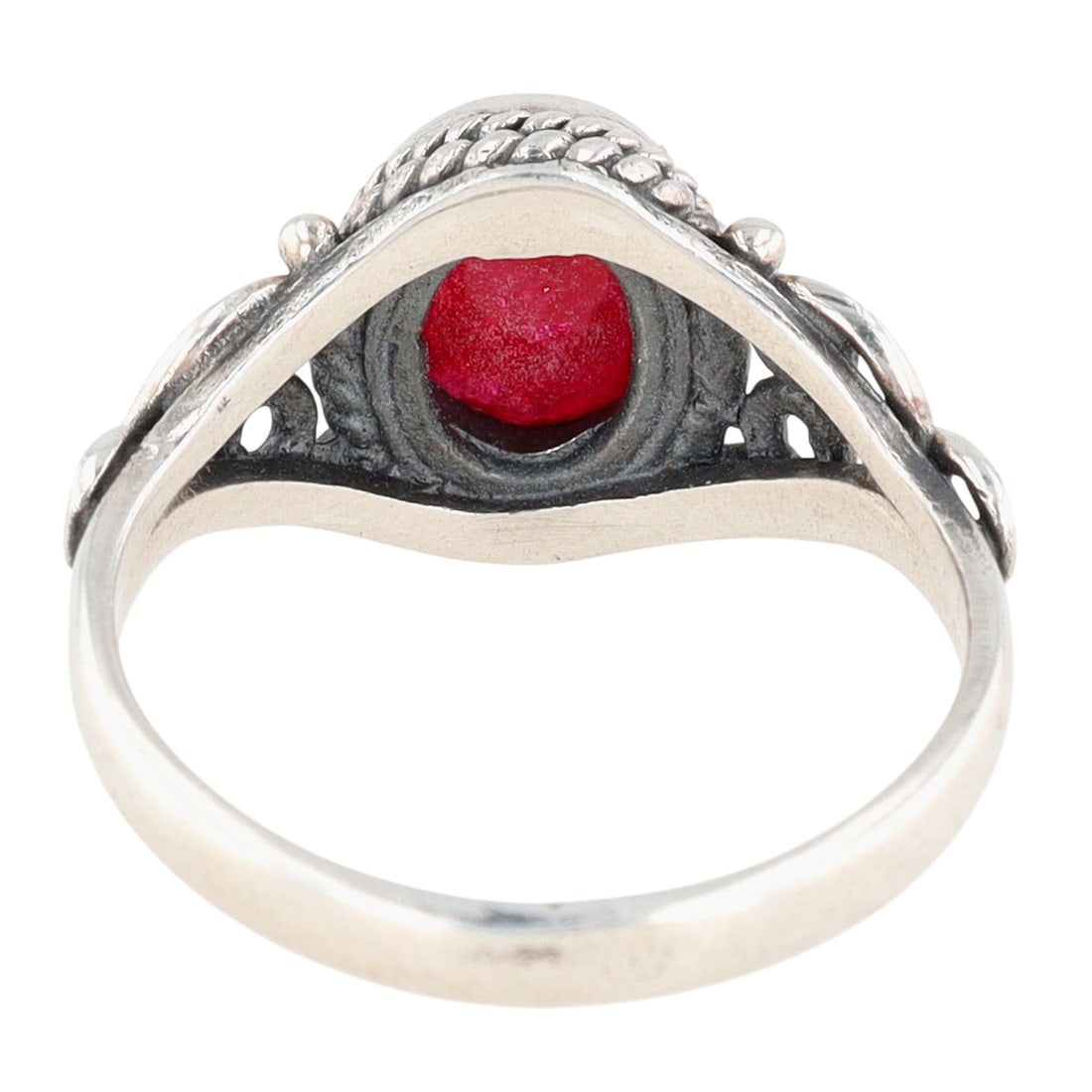 Sterling Silver Ruby Oval Scroll Detail Ring Size 6 - 2