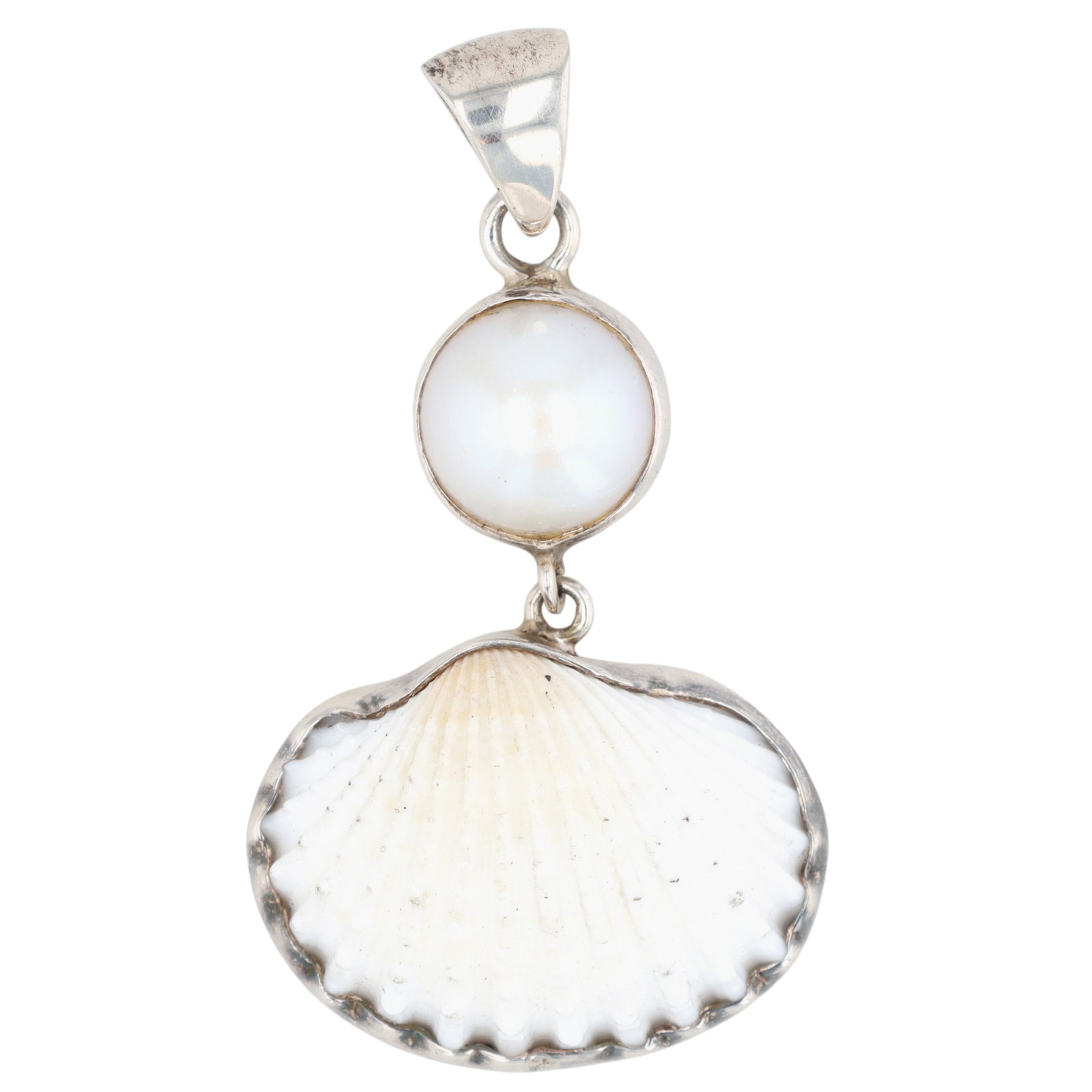 Sterling Silver Pearl Prickly Cockle Shell Double Dangle Pendant: Sterling Silver, Pearl, Prickly Cockle Shell Double Dangle Pendant. Signed 925. 5.2g